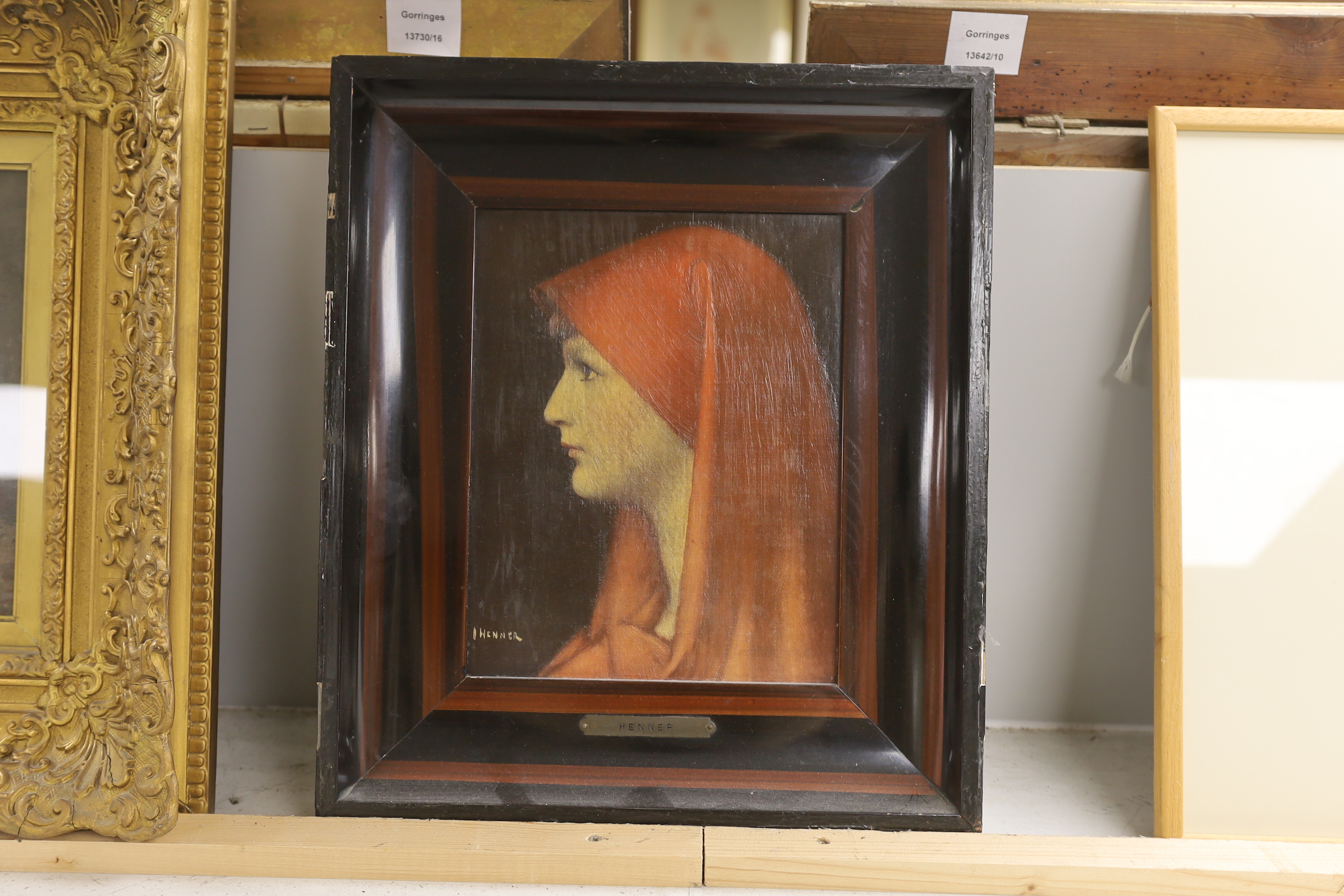 After Jean Jacques Henner (1829-1905), oil on canvas, 'Woman in red', bears signature, 24 x 19cm, applied plaque to the frame